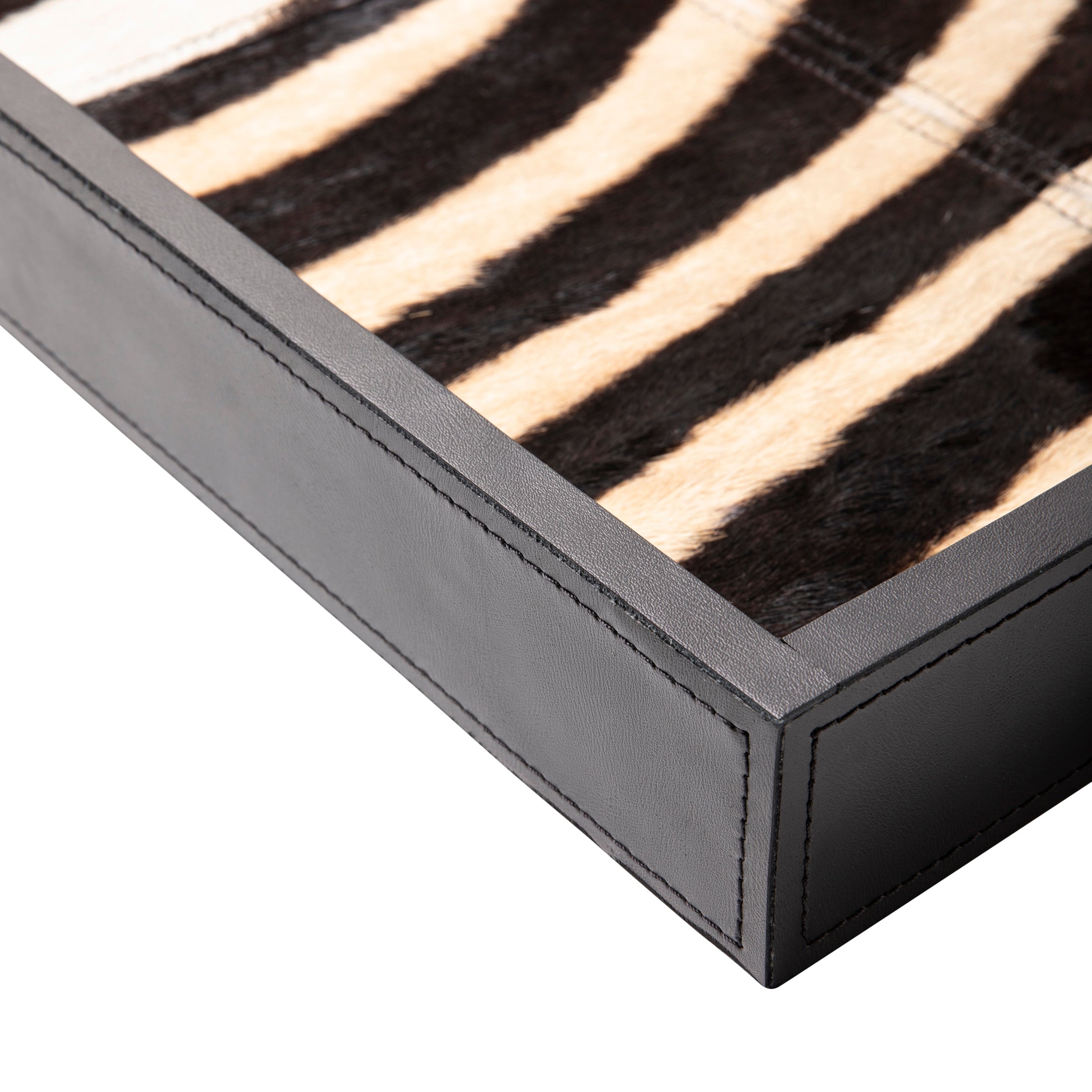 Leather Rectangle Tray w/ Zebra Inlay & Springbok Horn Handles