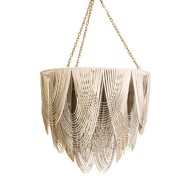Large Round Whisper Leather Chandelier in Cream-Stone Leather