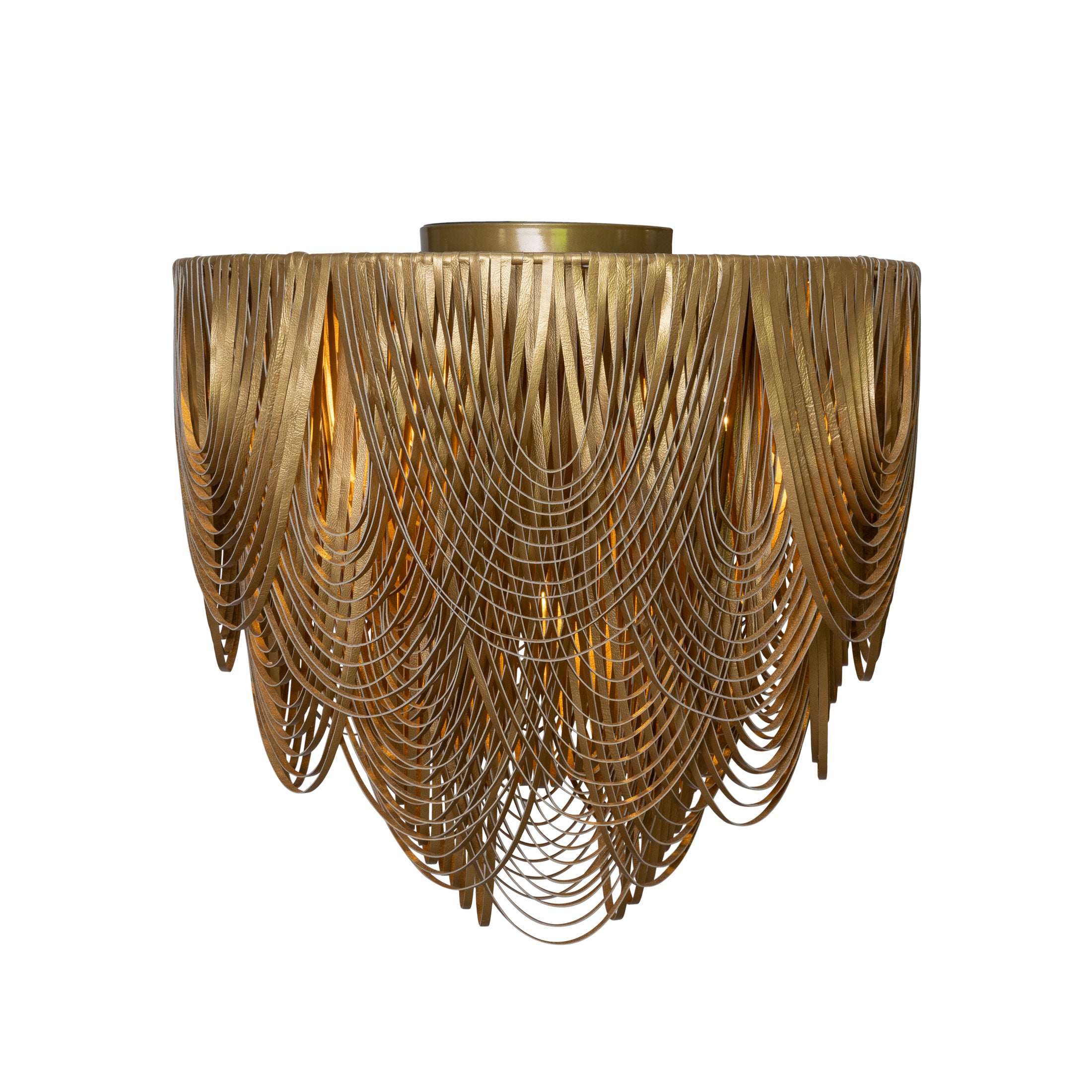 Large Round Whisper Flush Mount Leather Chandelier in Metallic Leather