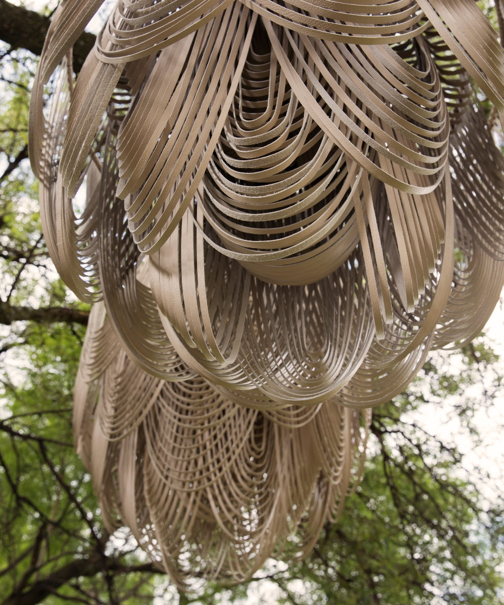 Large Round Whisper with Crown Leather Chandelier in Cream-Stone Leather