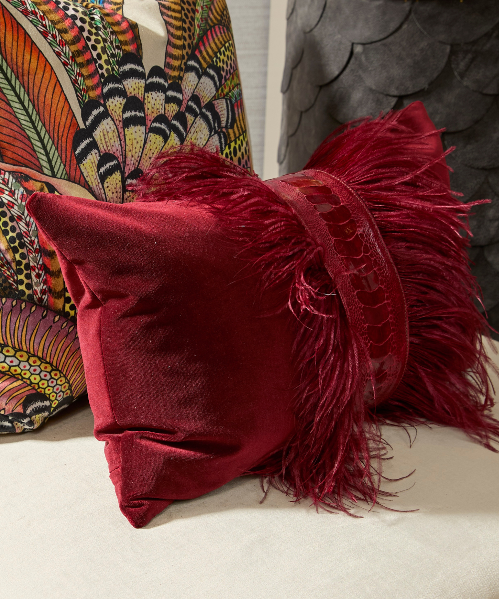 Ostrich Trim Pillow - Cabernet / Velvet