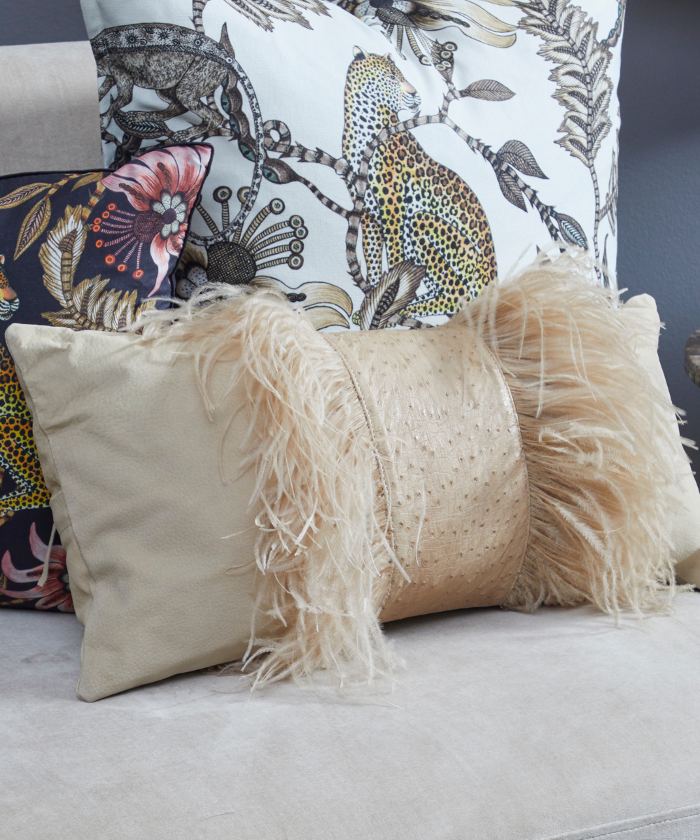 Ostrich Leather Inset Pillow with Feather Trim on Suede - Cream
