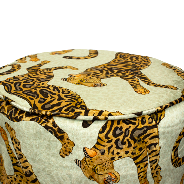 Cheetah Kings Velvet Pouf on Gold Base - Stone