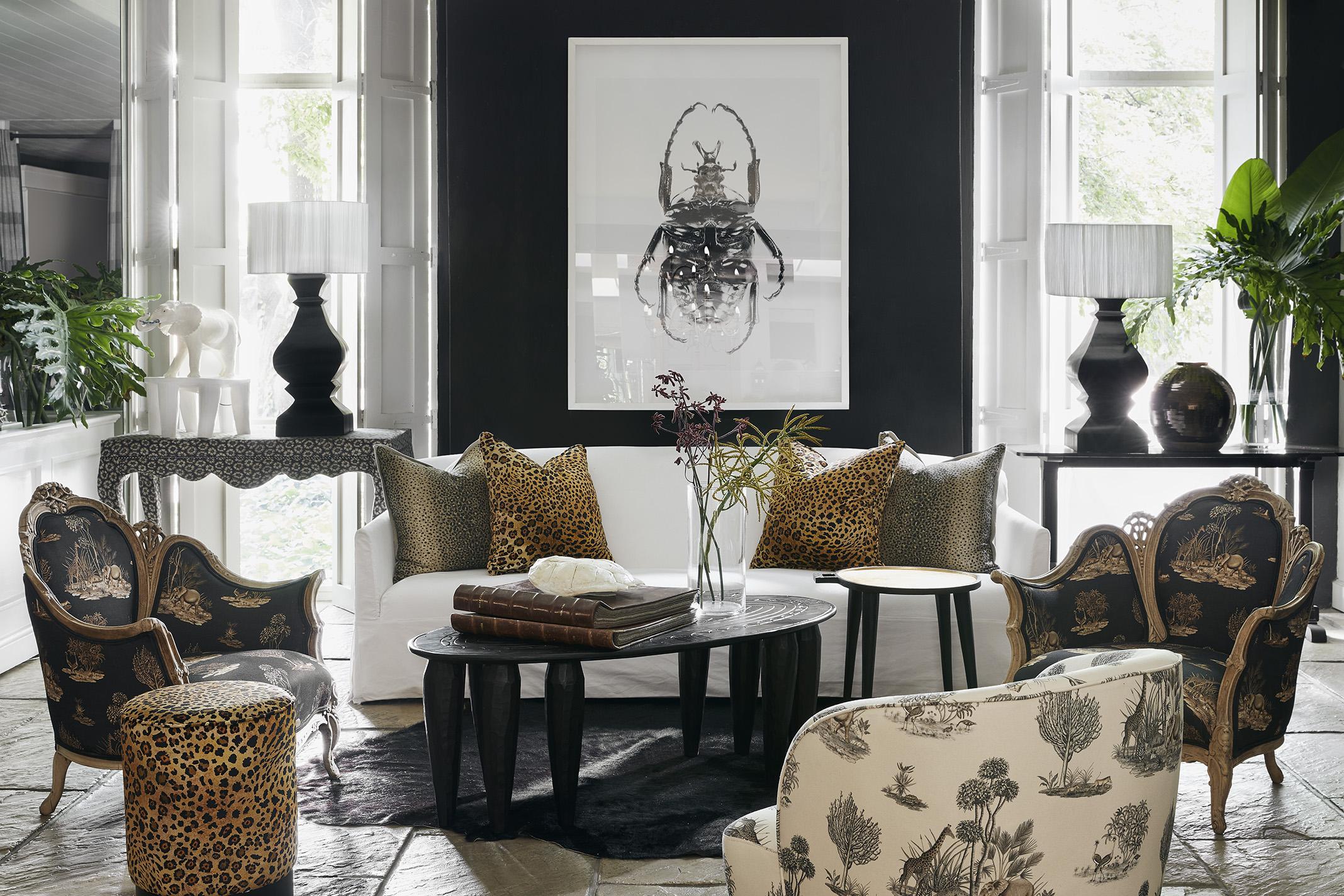 Black and Gold Safari Animal Upholstered Chair and Ottoman