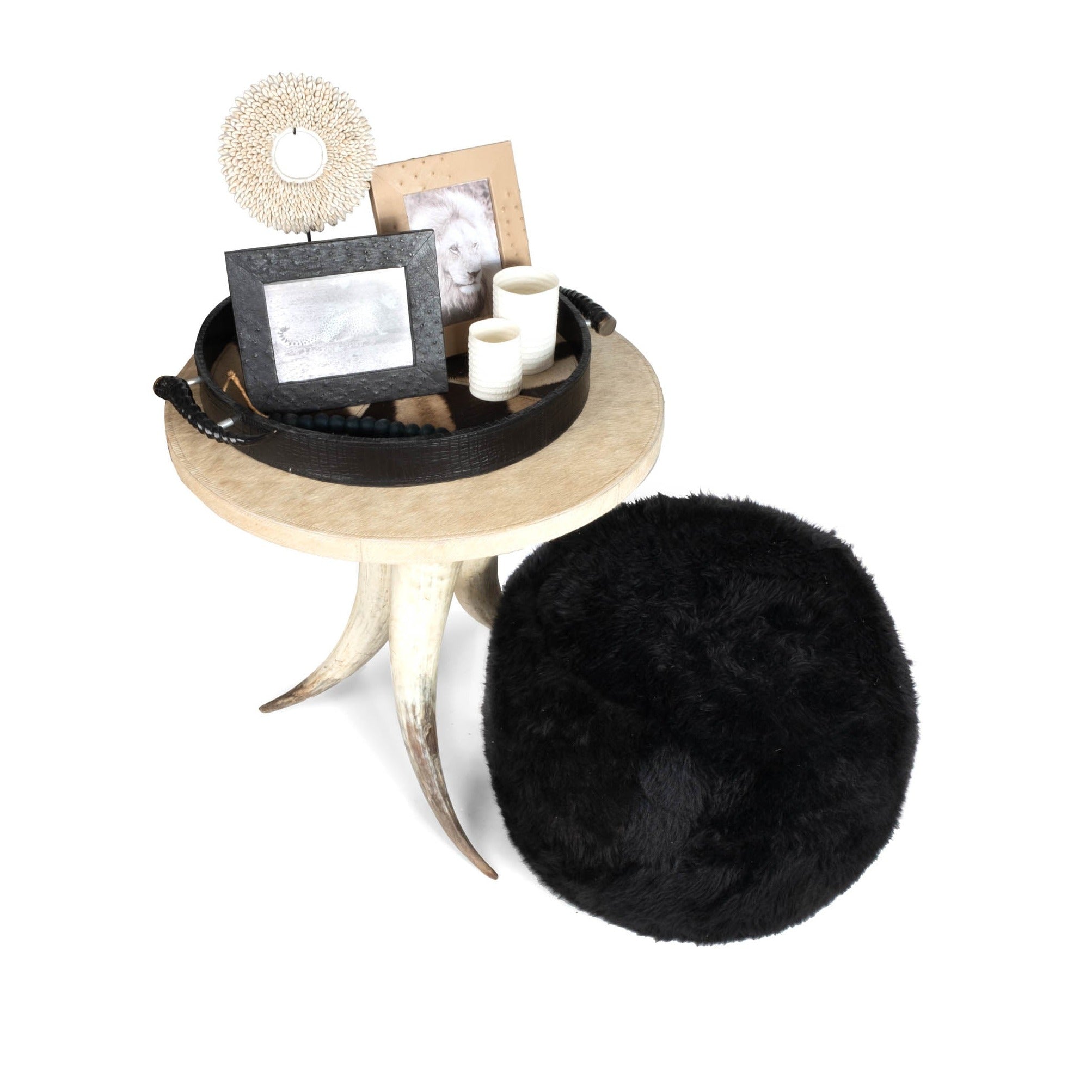 Cow Horn Table with Cream Cow Hide Top