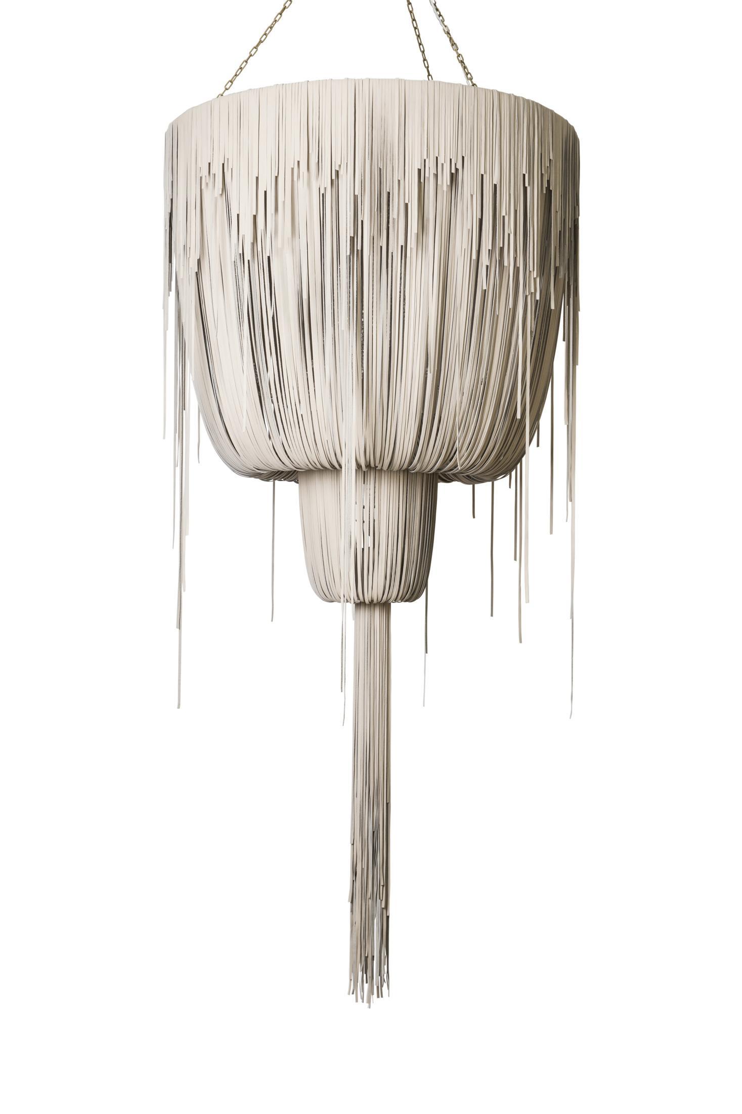 Large Round Double-Ball Urchin Leather Chandelier in Cream-Stone Leather