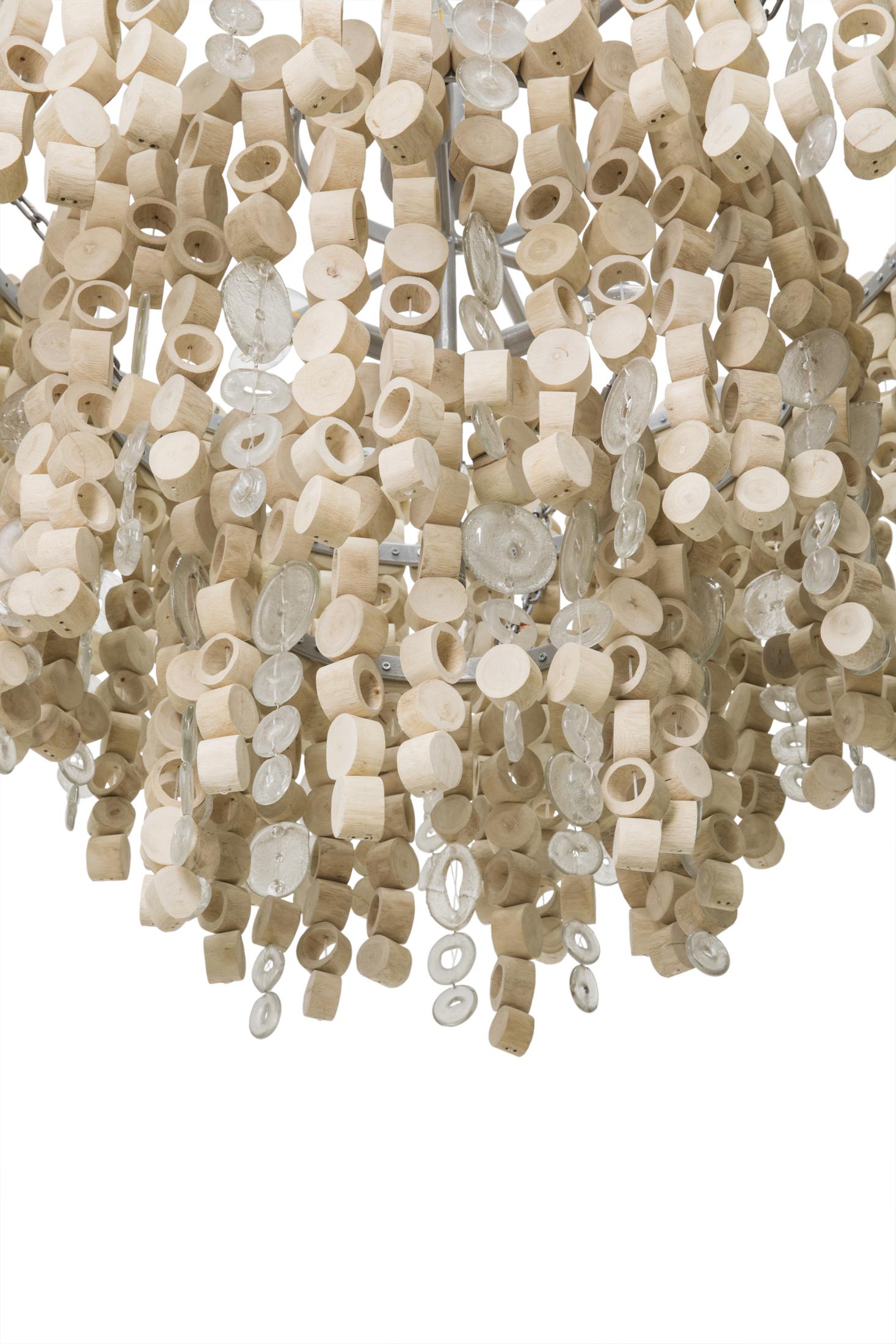 Round Wood Disc Chandelier in Natural Finish with Recycled Glass