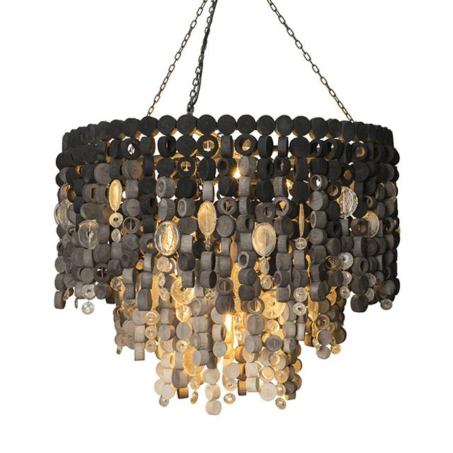 Round Wood Disc Chandelier in Ombre Finish with Recycled Glass