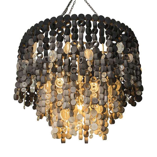 Round Wood Disc Chandelier in Ombre Finish with Recycled Glass