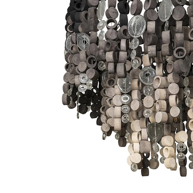 Round Wood Disc Chandelier in Ombre Finish with Recycled Glass