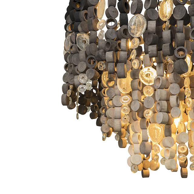 Round Wood Disc Chandelier in Ombre Finish with Recycled Glass