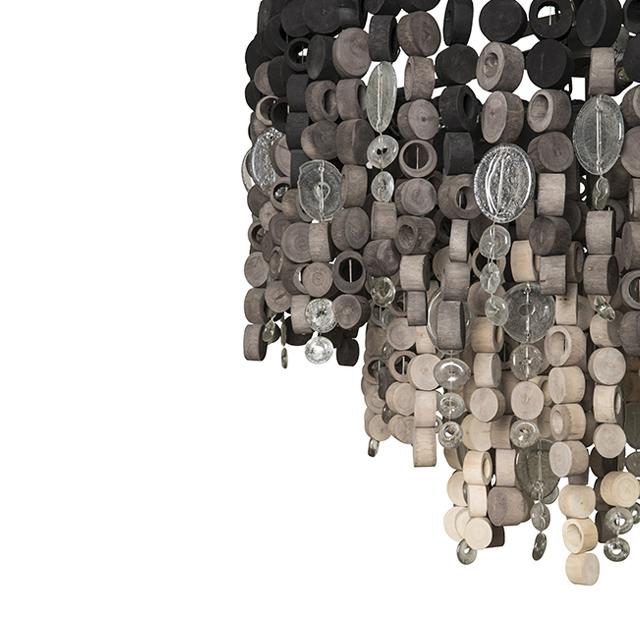 Round Wood Disc Chandelier in Ombre Finish with Recycled Glass