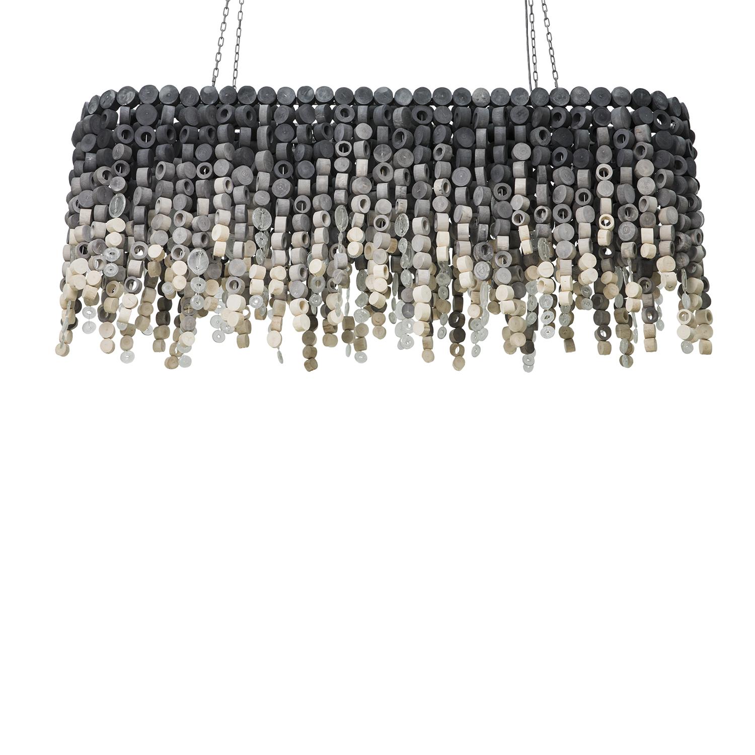 Large Oval Wood Disc Chandelier in Ombre Finish with Recycled Glass