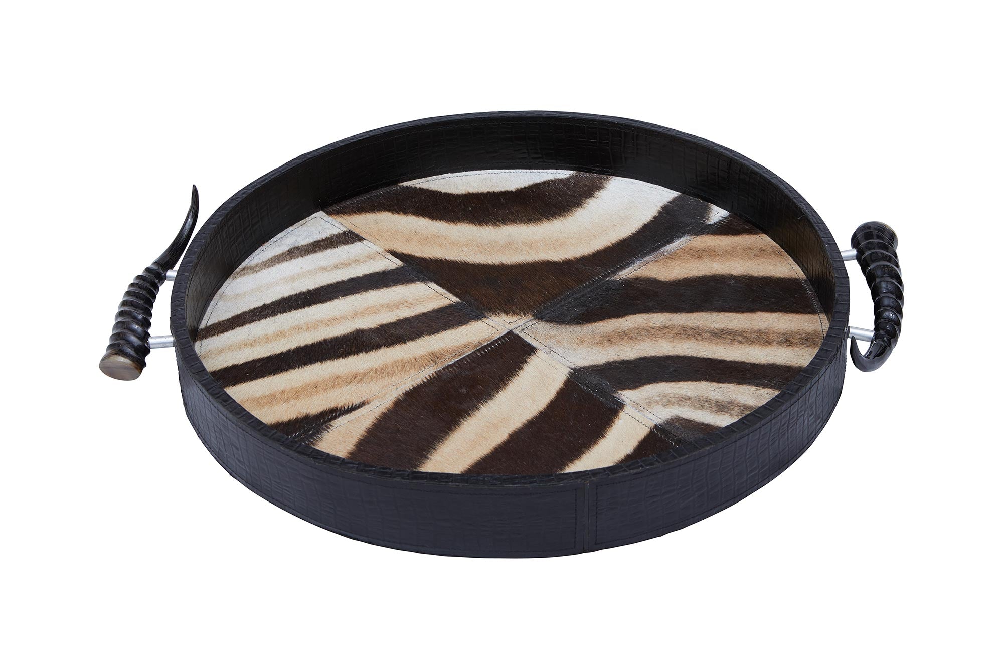 Leather Round Tray w/ Zebra Inlay / Springbok Horn Handles