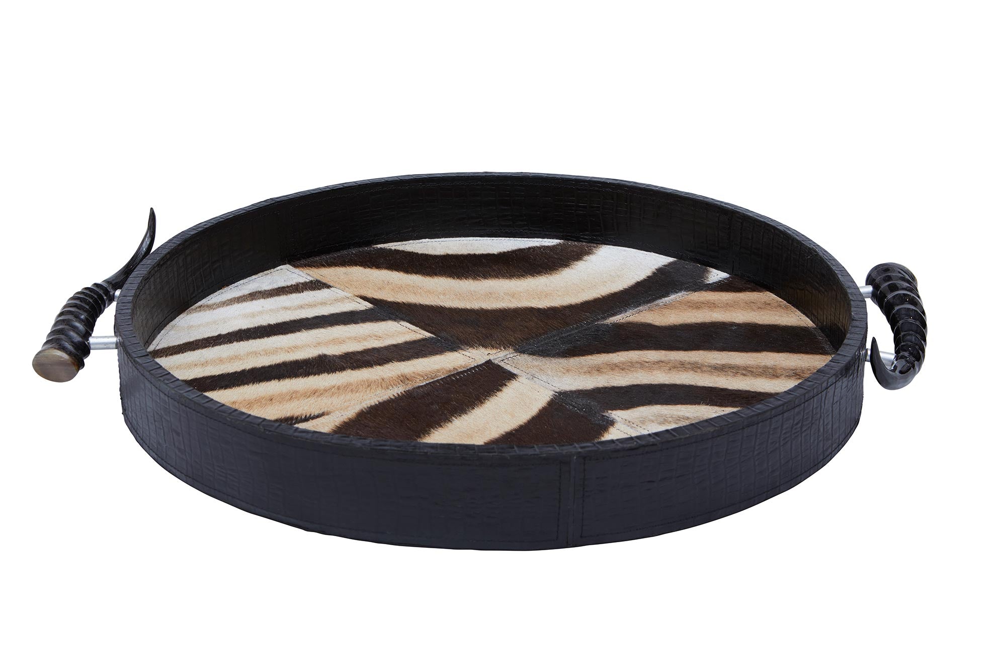Leather Round Tray w/ Zebra Inlay / Springbok Horn Handles