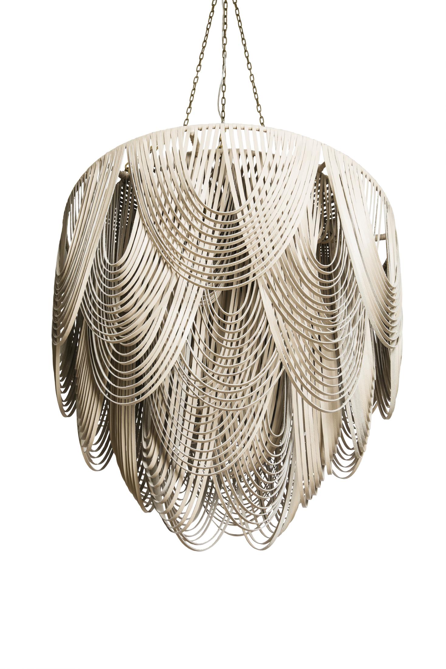 Large Round Whisper Leather Chandelier in Cream-Stone Leather
