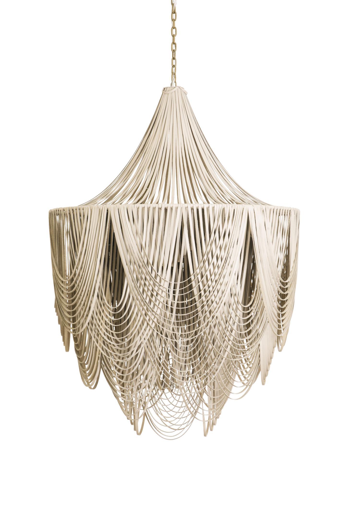 Large Whisper with Crown Cream-Stone Fringe Leather Chandelier