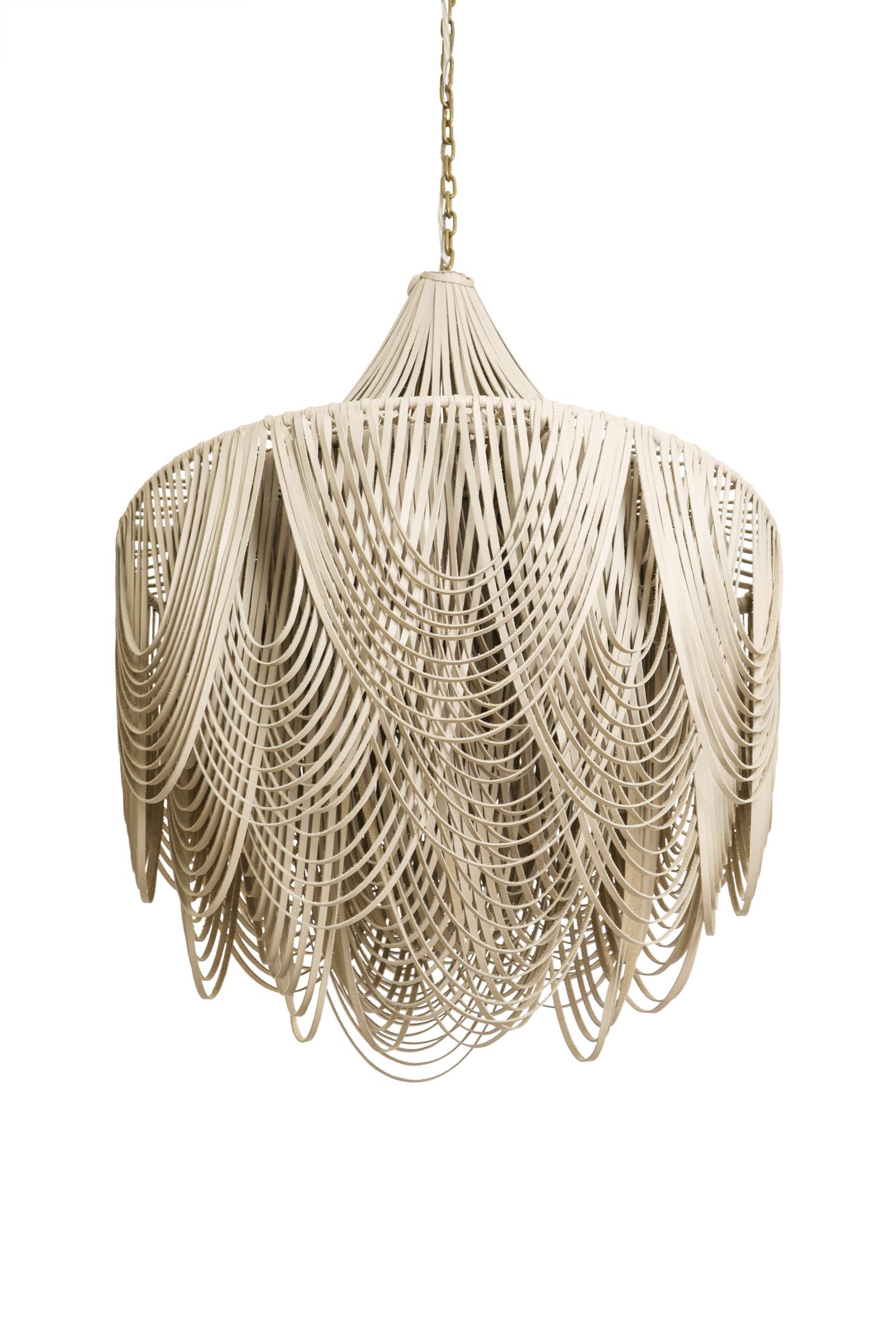 Medium Round Whisper with Crown Leather Chandelier in Cream-Stone Leather