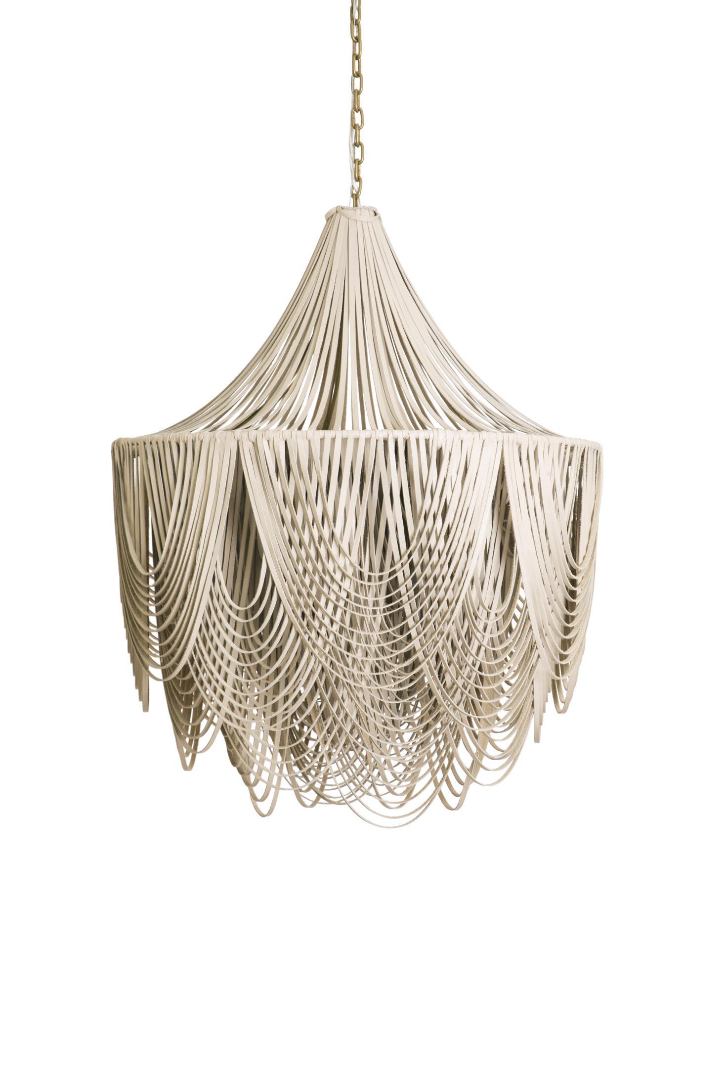 Medium Round Whisper with Crown Leather Chandelier in Cream-Stone Leather