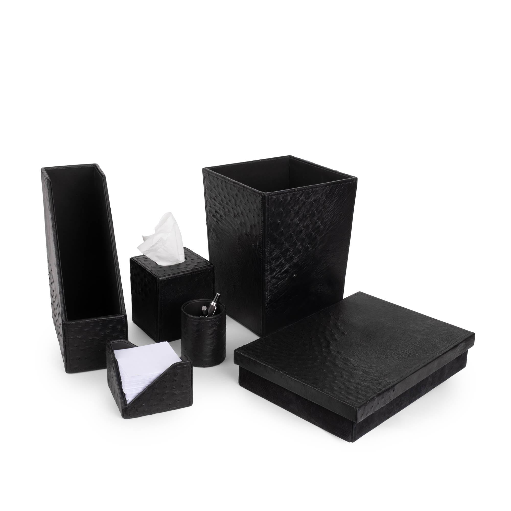 Desk Organizer Box - Ostrich Leather/Suede - Black