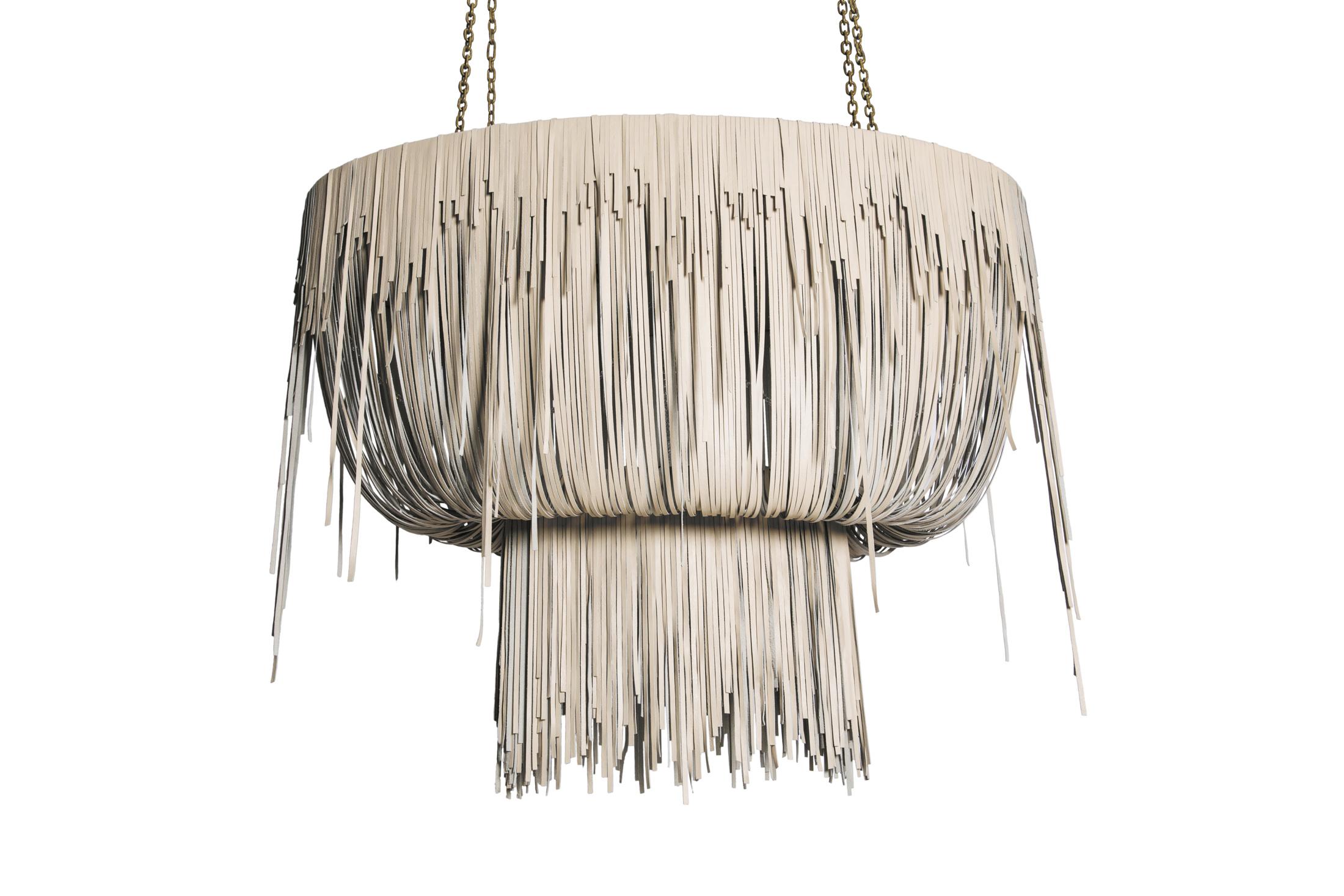 Medium Oval Urchin Leather Chandelier in Cream-Stone Leather