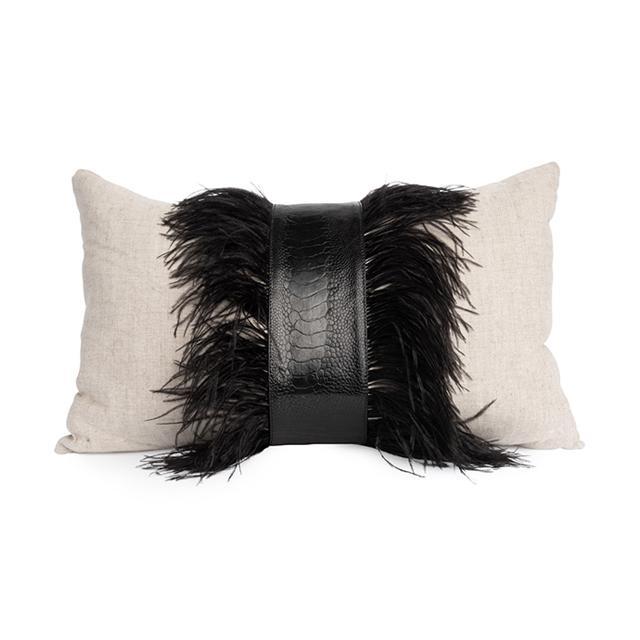 Ostrich Trim Pillow - Black / Linen