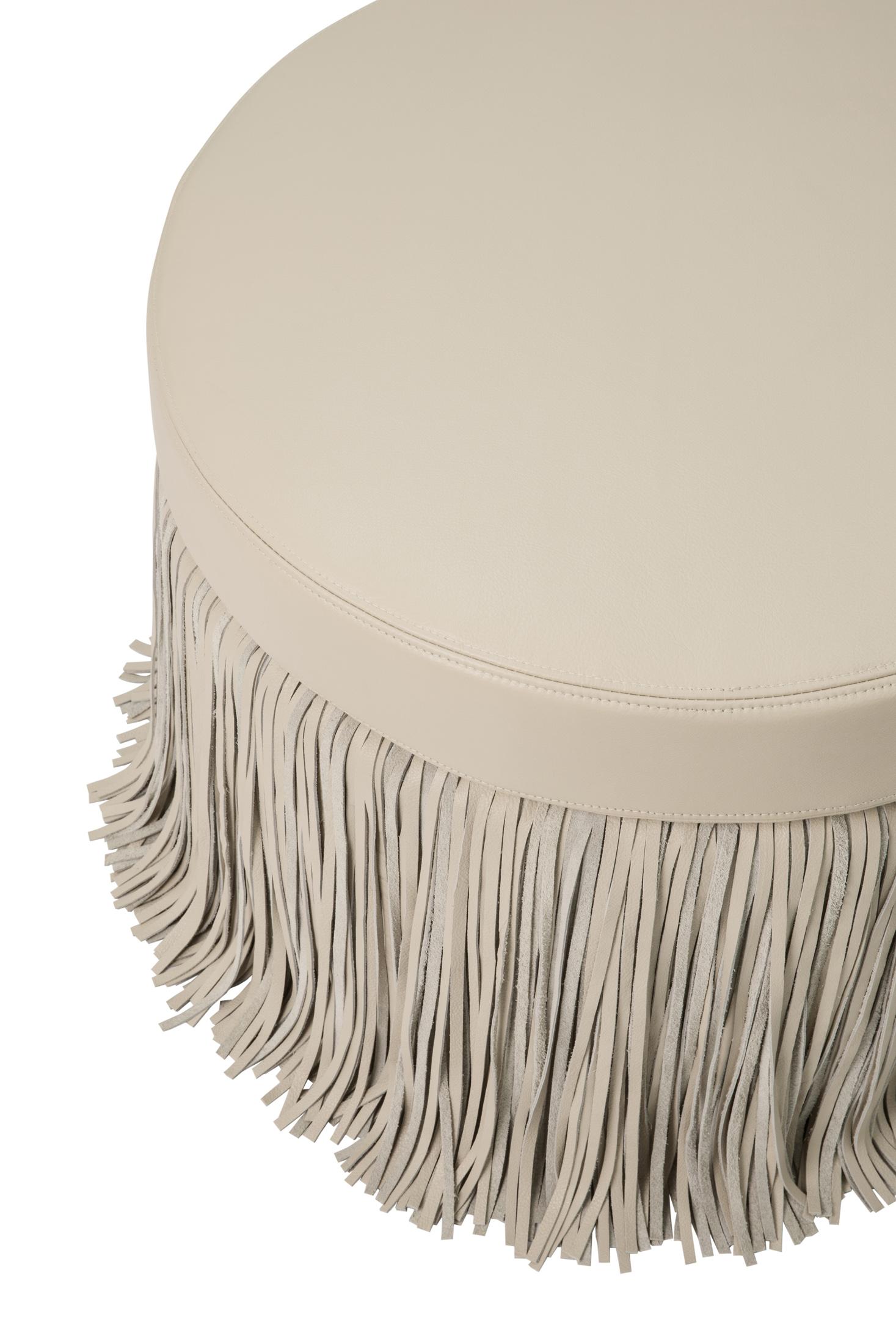 Round Shaggy Leather Ottoman