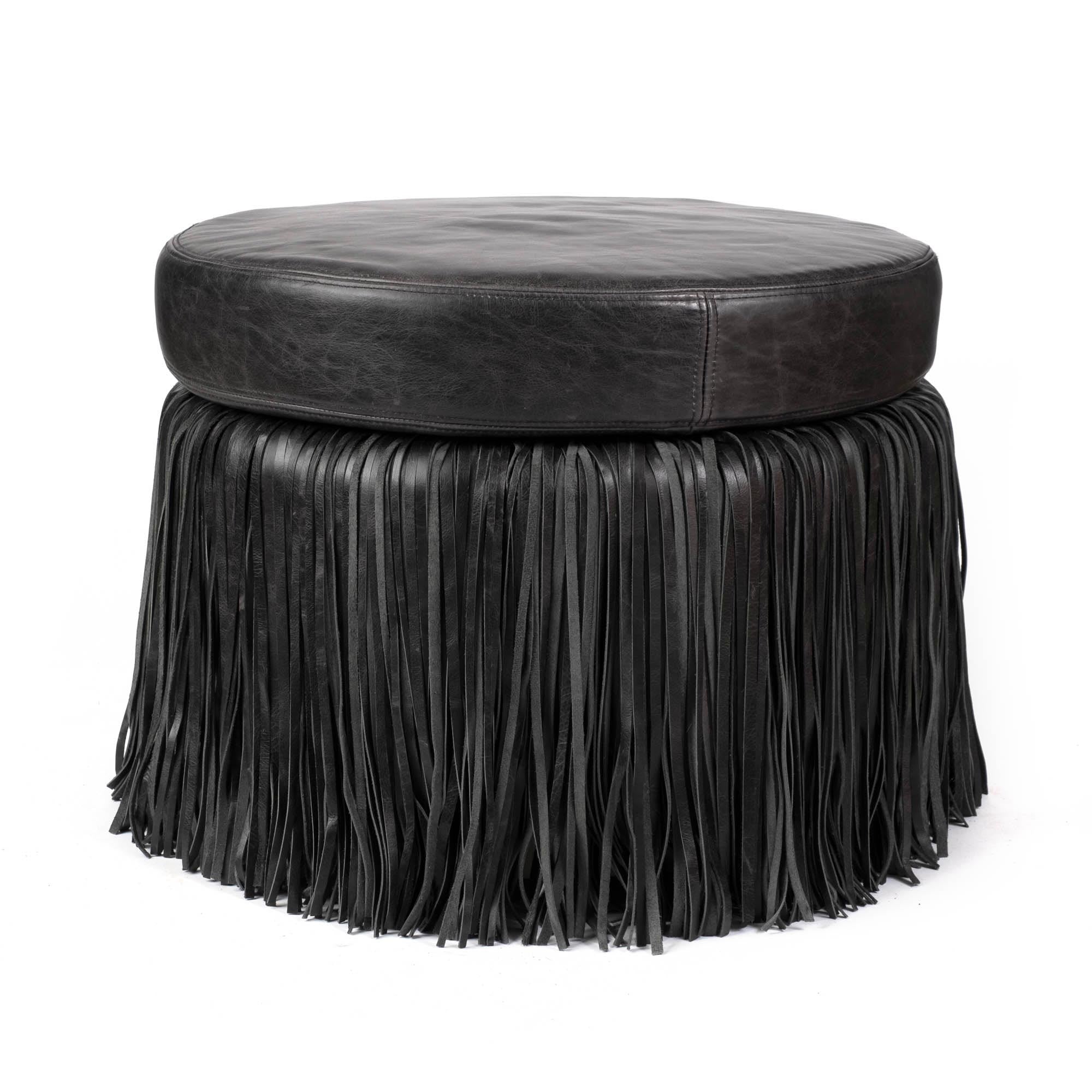 Round Shaggy Leather Ottoman