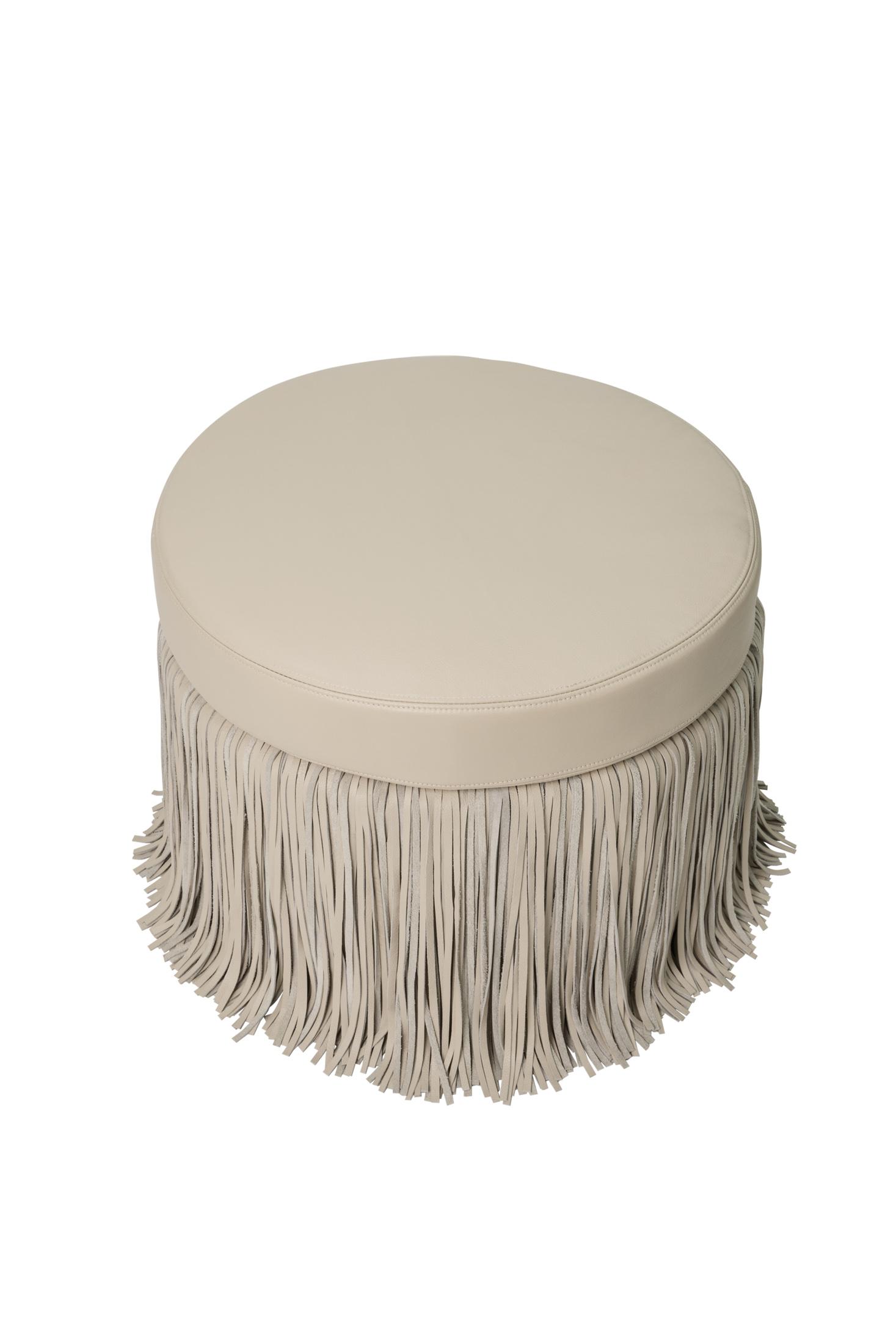 Round Shaggy Leather Ottoman