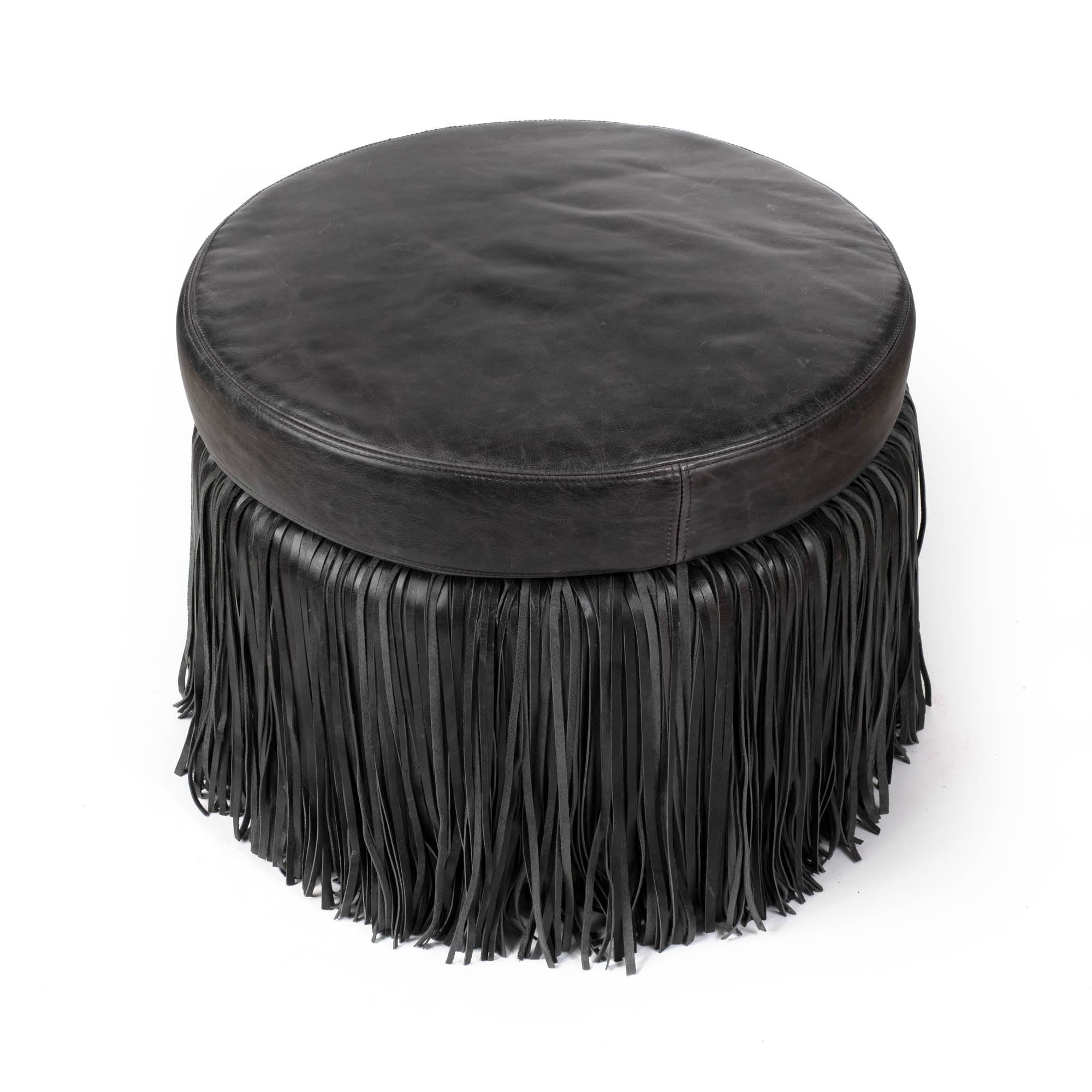 Round Shaggy Leather Ottoman