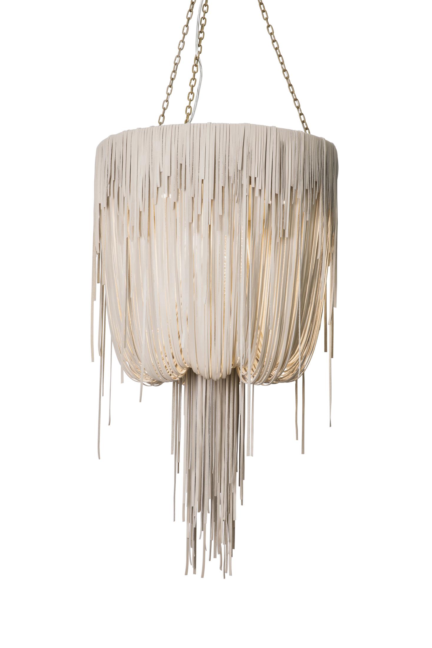 Small Round Urchin Leather Chandelier in Cream-Stone Leather