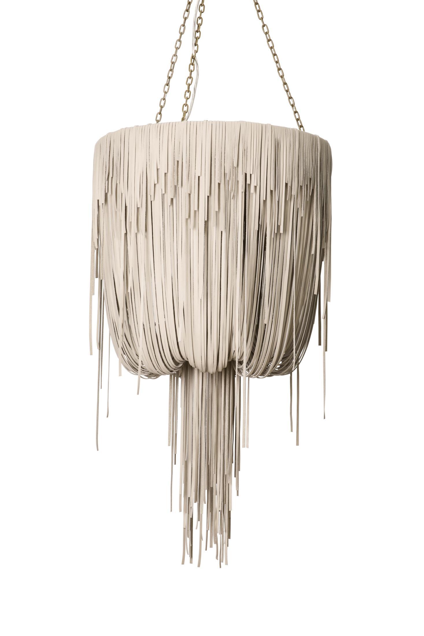 Small Round Urchin Leather Chandelier in Cream-Stone Leather