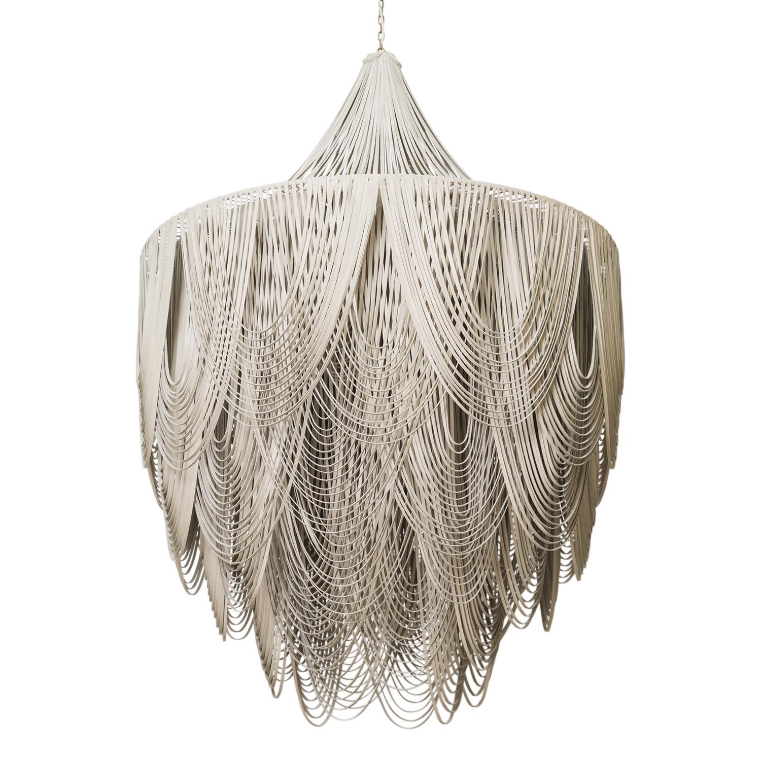 XXL Round Whisper with Crown Leather Chandelier in Cream-Stone Leather