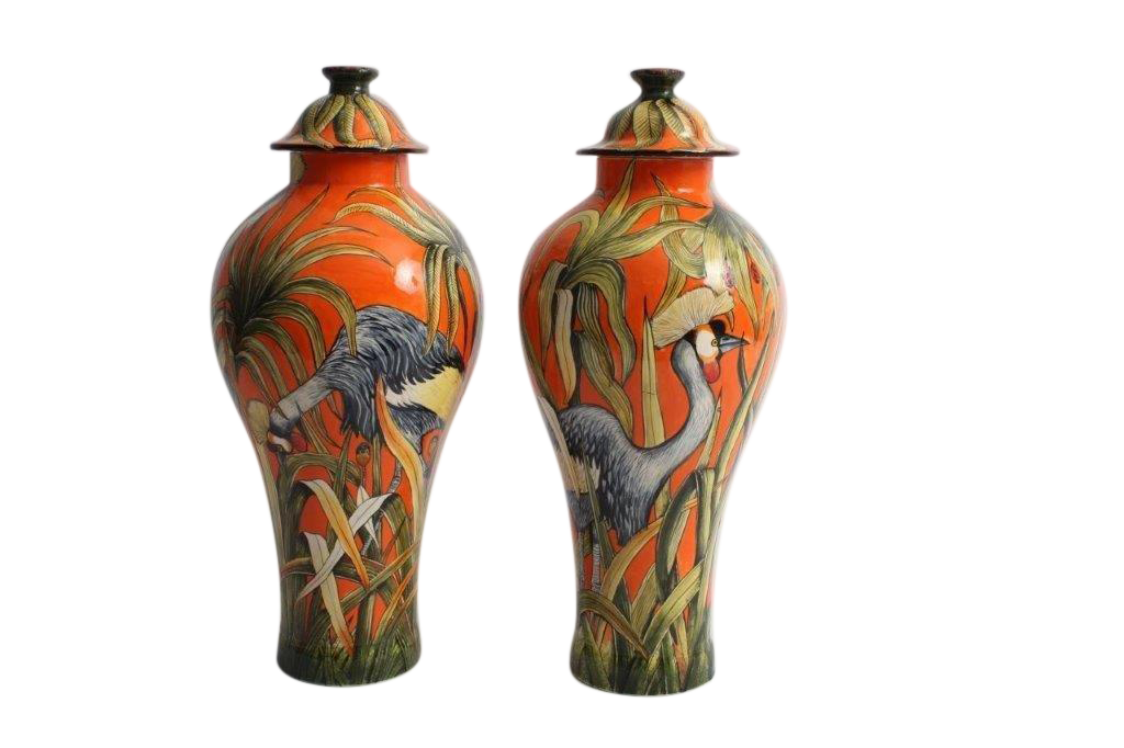 Ardmore Ceramic:  Crested Crane Urns (Pair)
