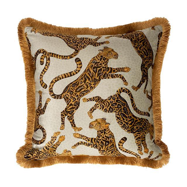 Cheetah Kings Pillow - Velvet w/ Fringe - Stone