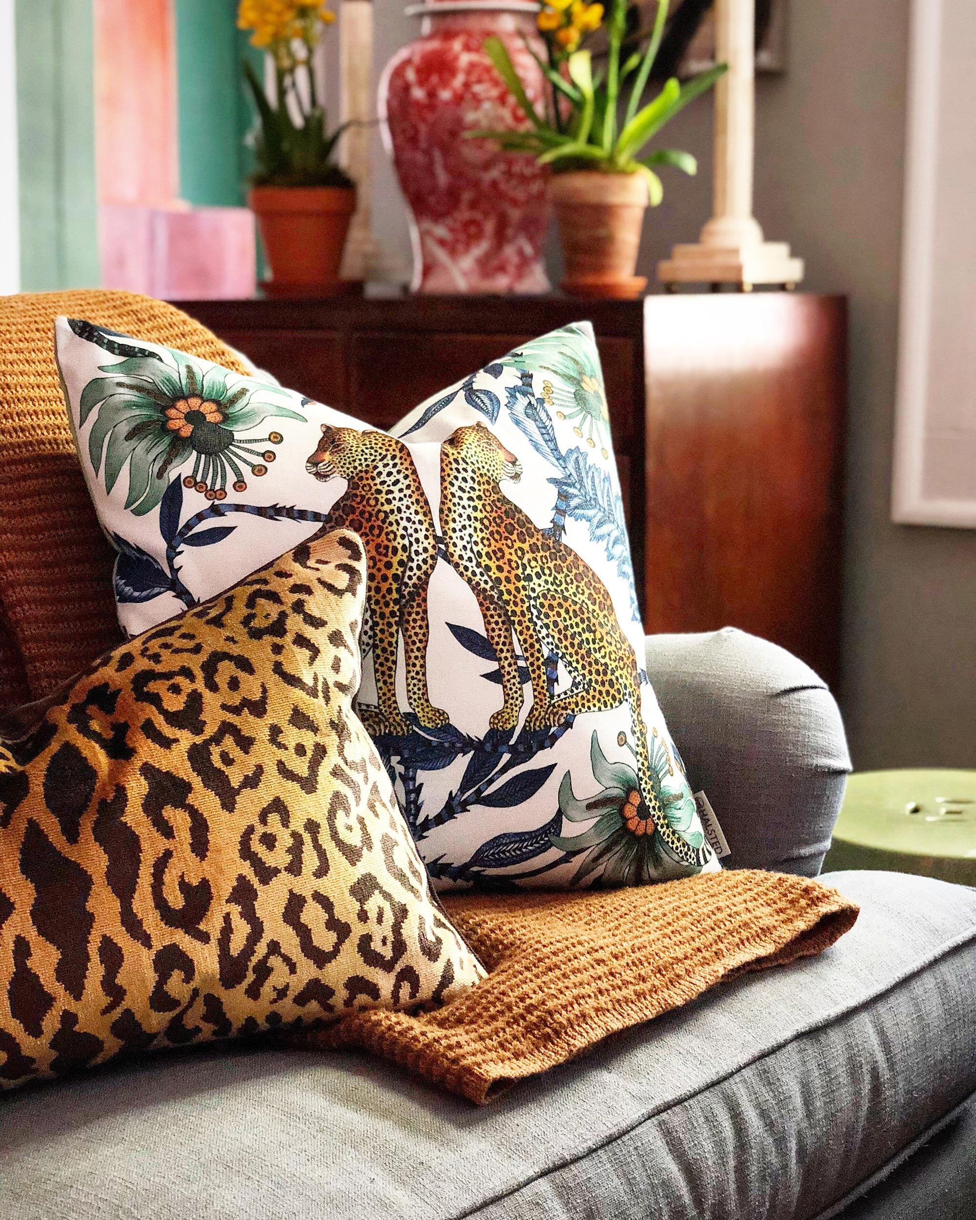 Lovebird Leopards Pillow - Cotton - Tanzanite