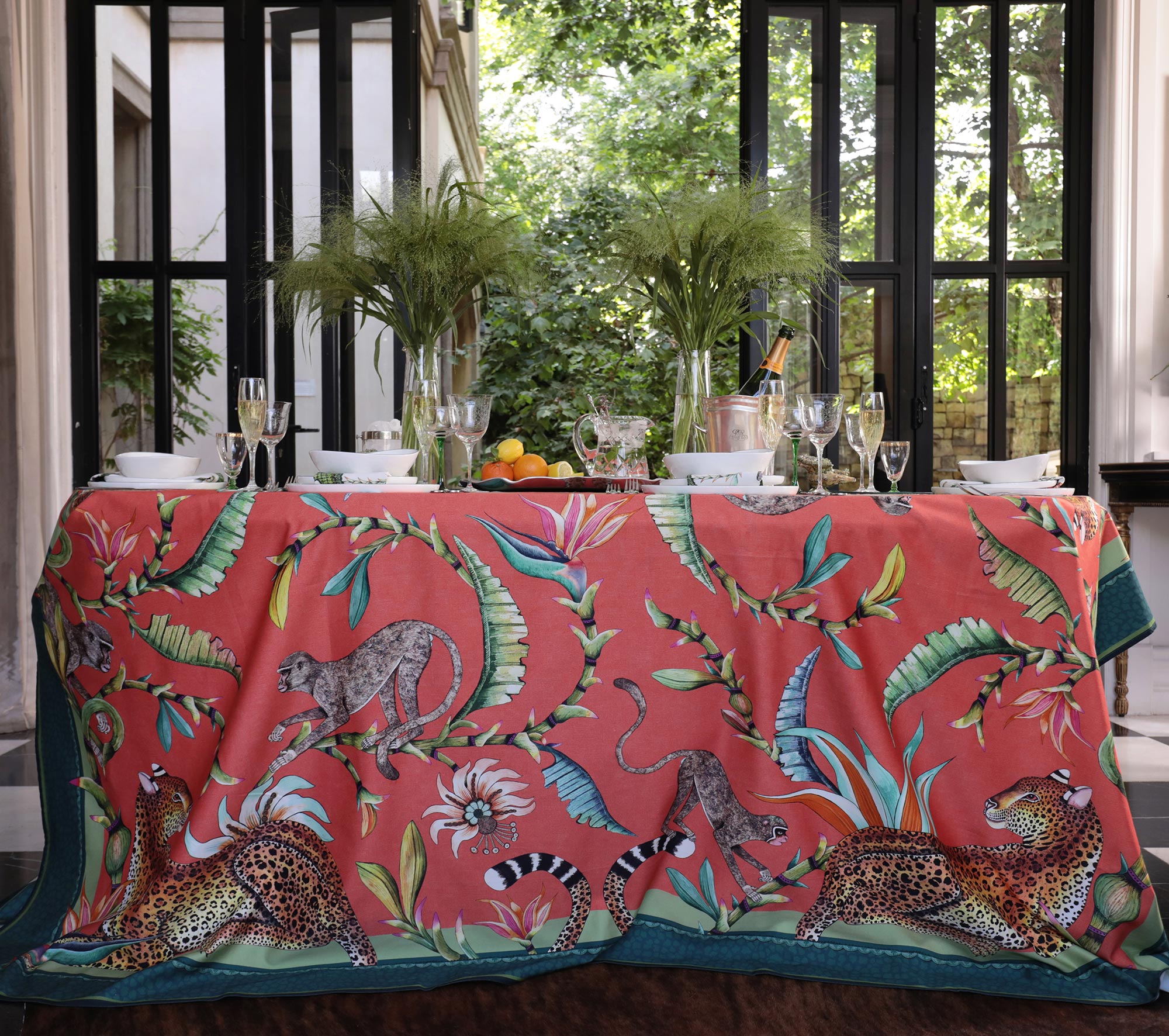 Monkey Paradise Tablecloth - Cotton - Coral - Small