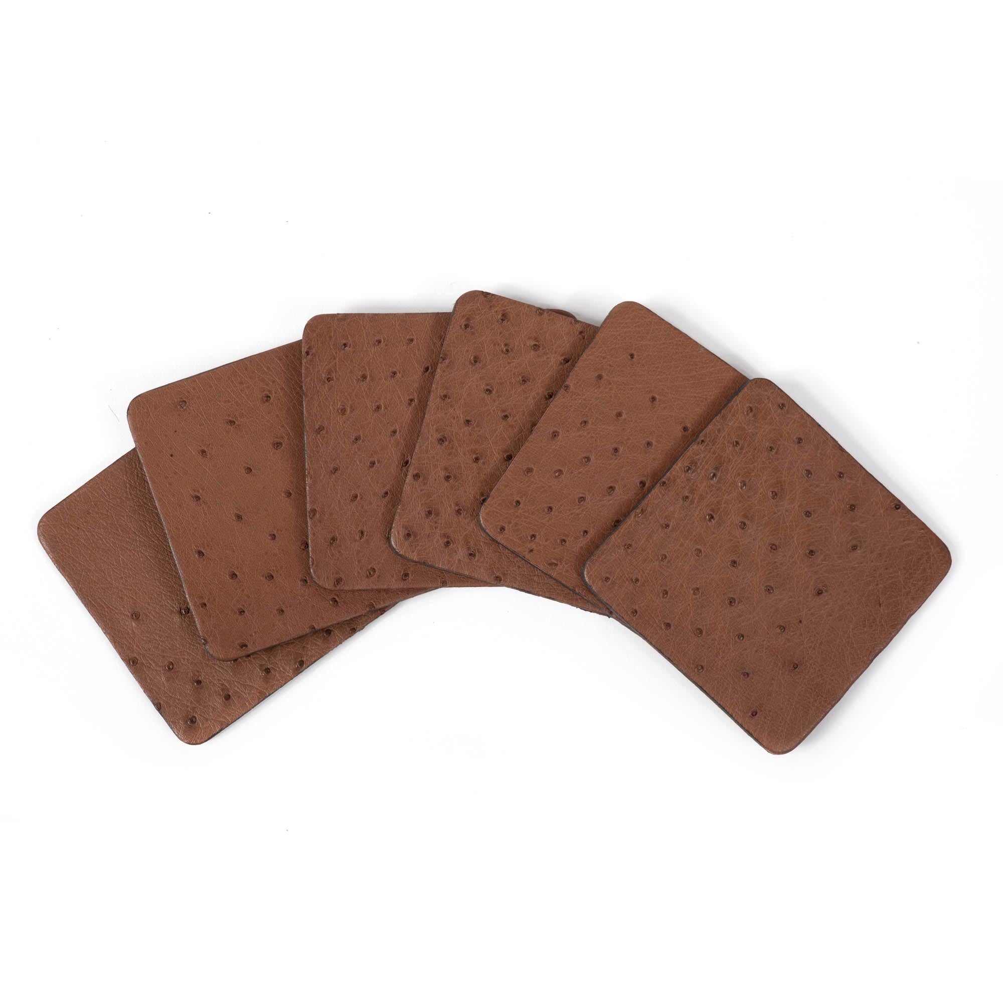 Ostrich Leather Coasters w/ Tie (S/6) - Brown