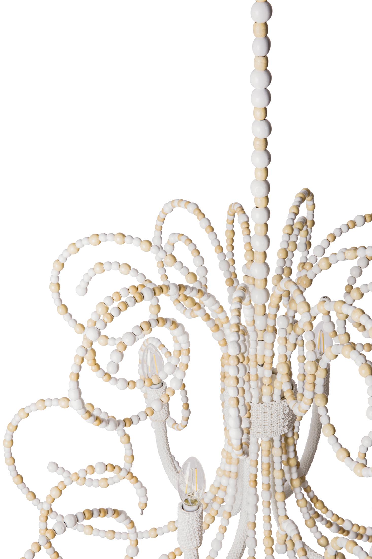 Twirly Wood Beaded Chandelier in Natural & White