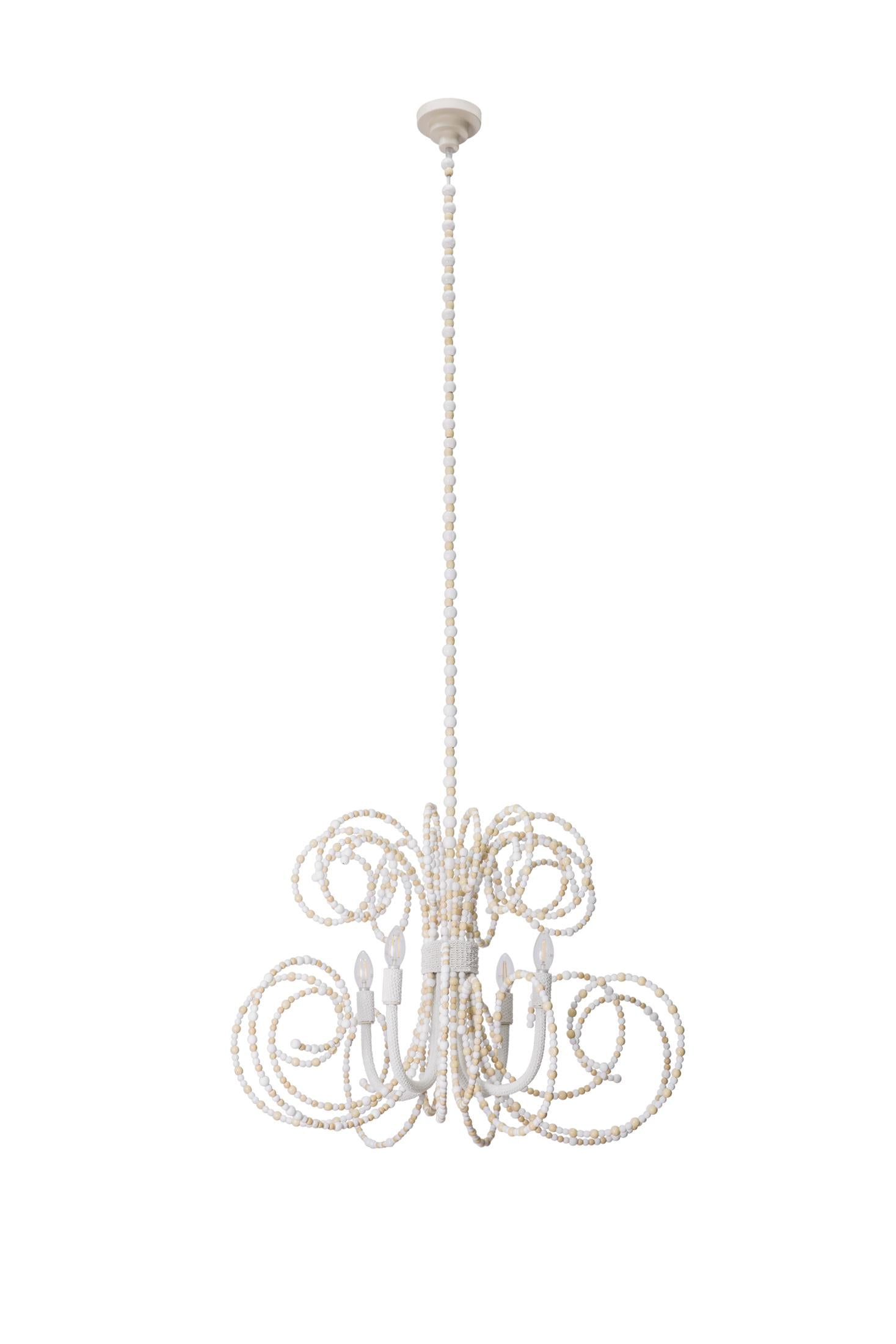 Twirly Wood Beaded Chandelier in Natural & White