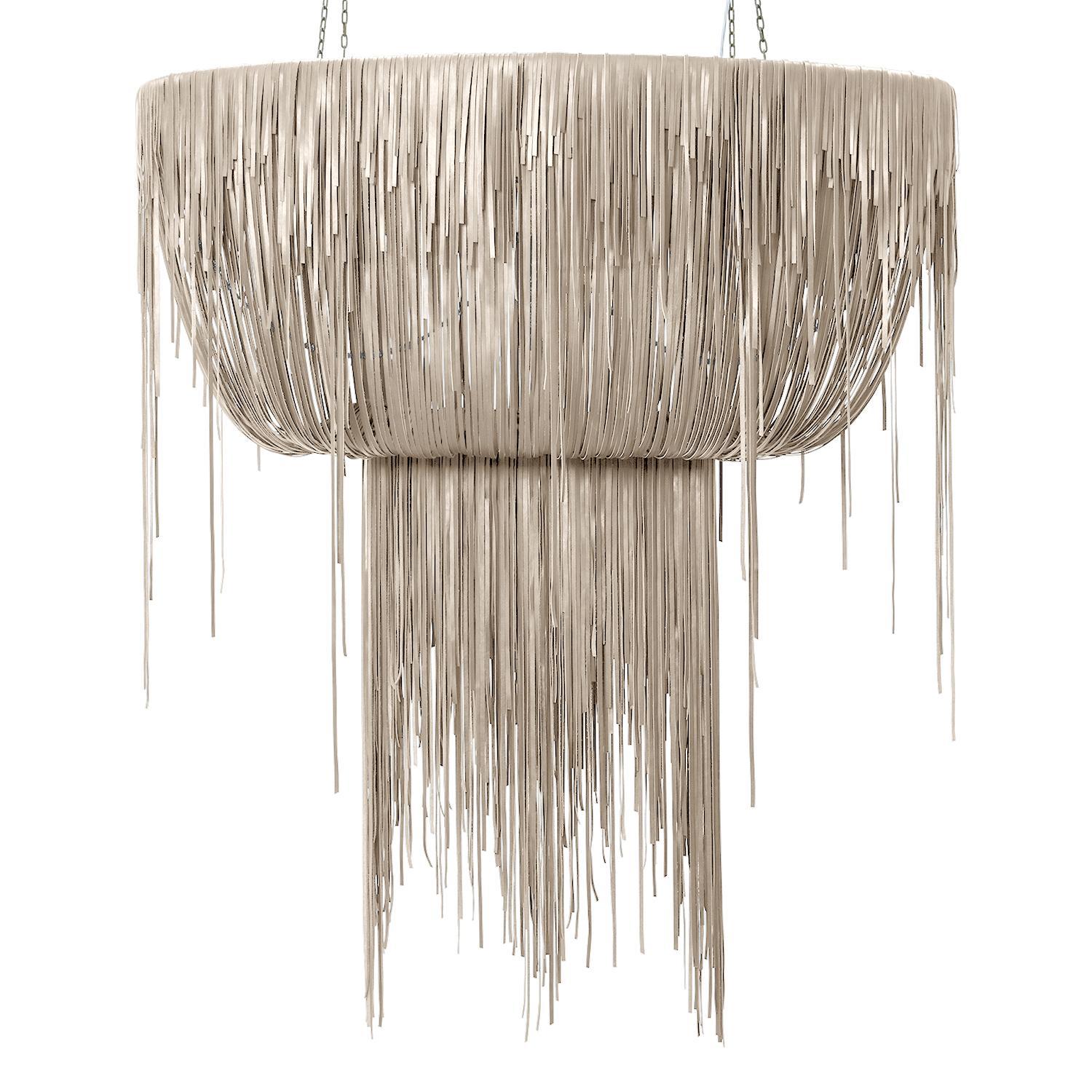 Large Oval Urchin Leather Chandelier in Cream-Stone Leather