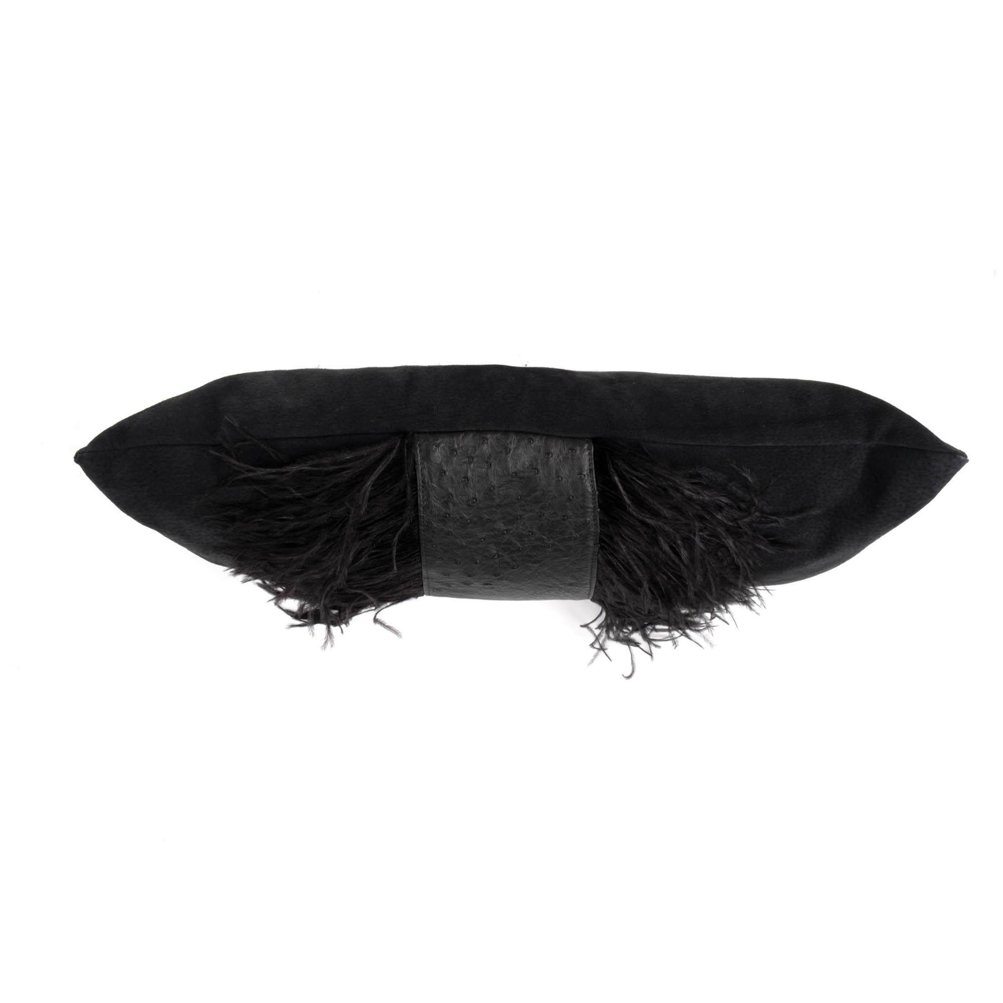 Ostrich Leather Inset Pillow with Feather Trim on Suede - Black