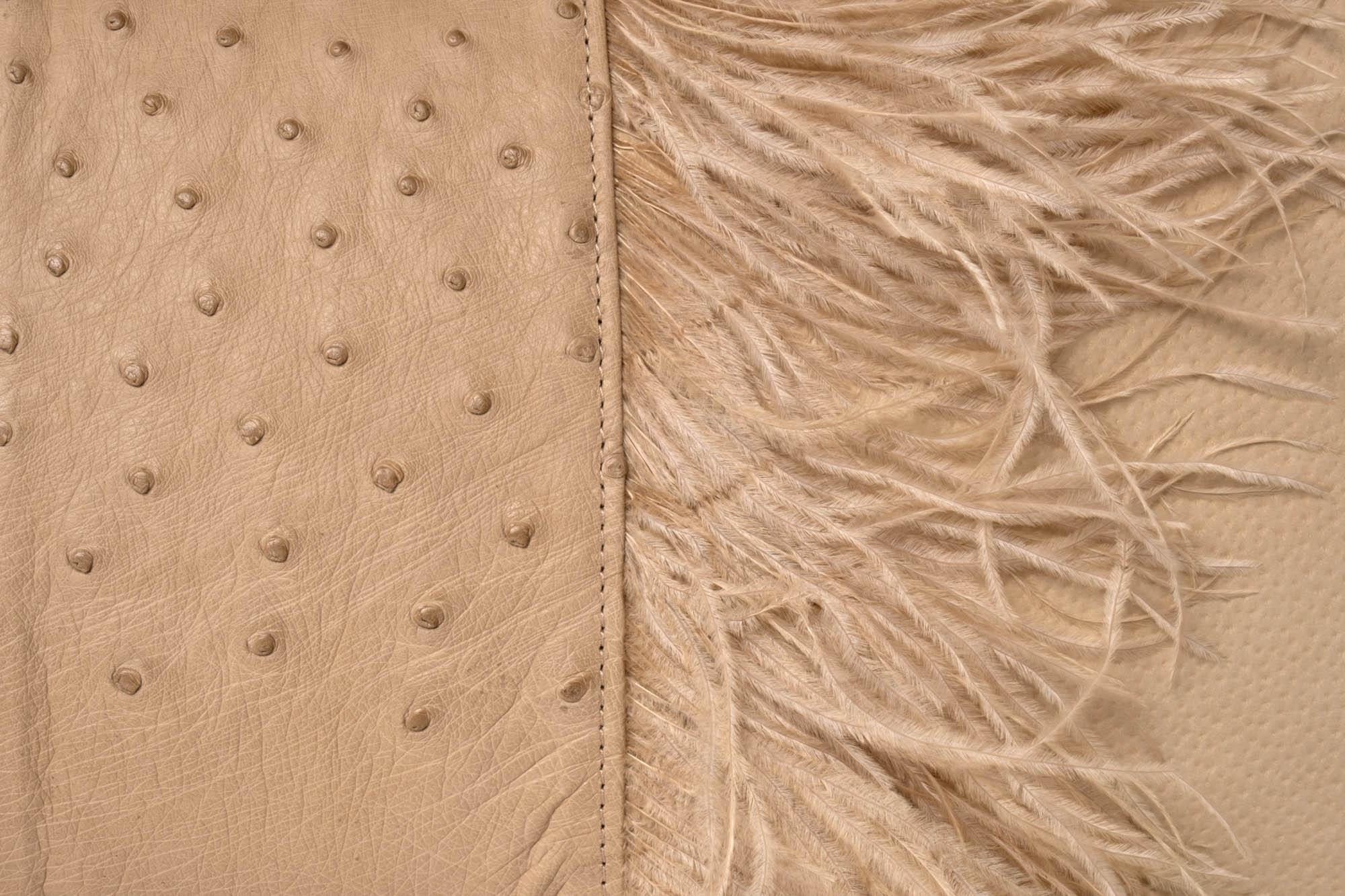 Ostrich Leather Inset Pillow with Feather Trim on Suede - Cream