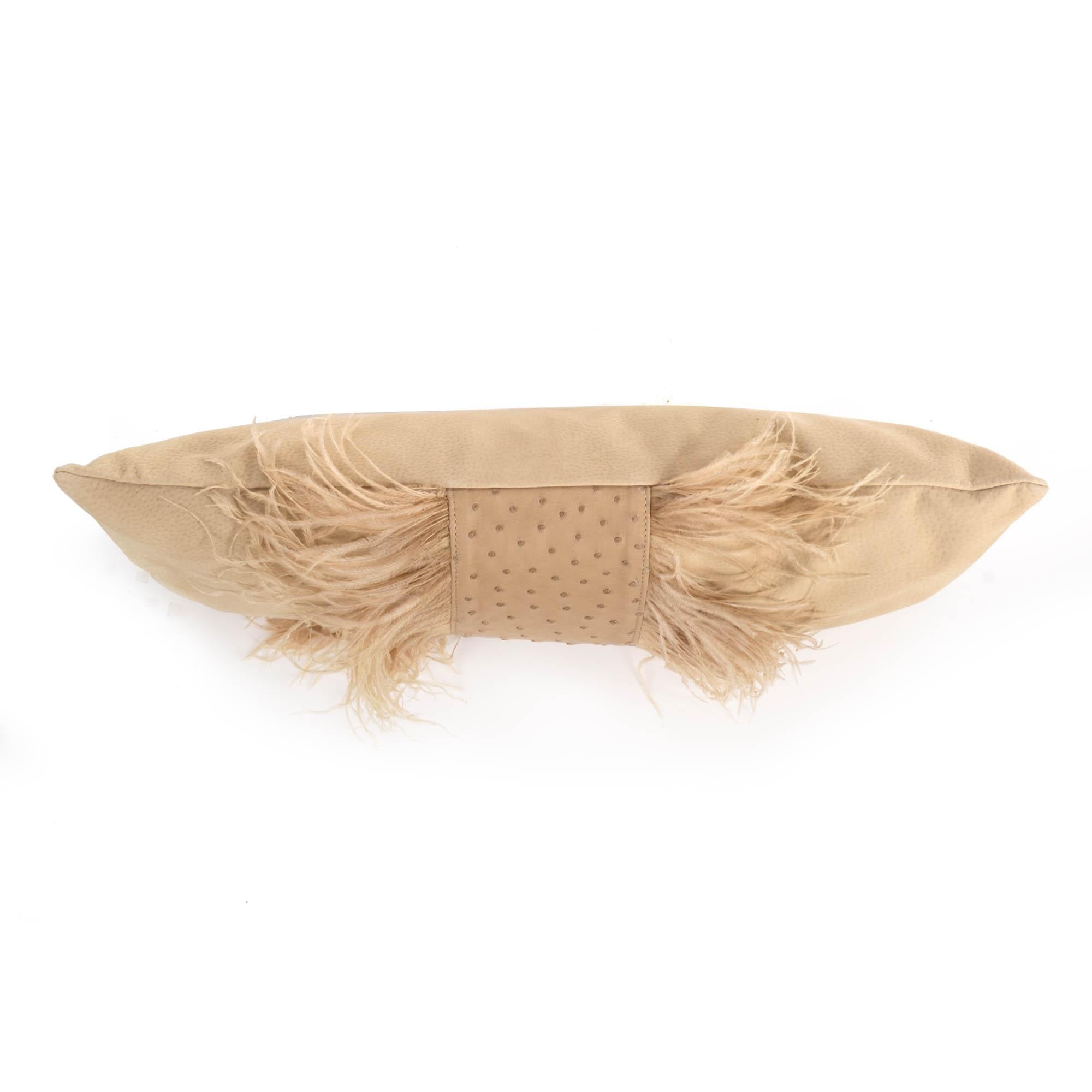 Ostrich Leather Inset Pillow with Feather Trim on Suede - Cream