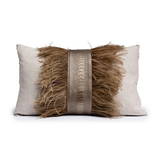 Ostrich Trim Pillow - Old Gold / Linen