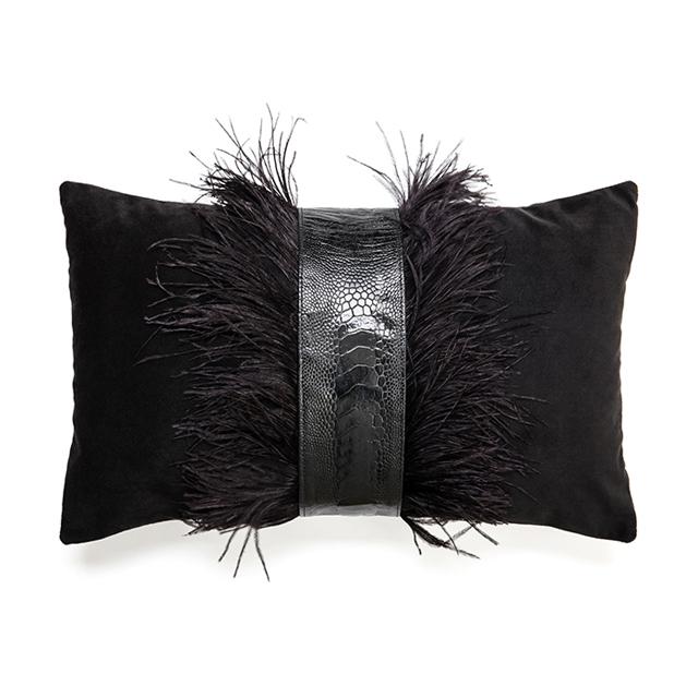 Ostrich Trim Pillow - Black / Velvet