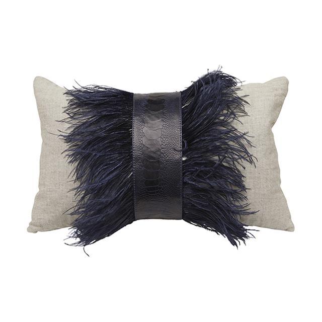 Ostrich Trim Pillow - Navy / Linen